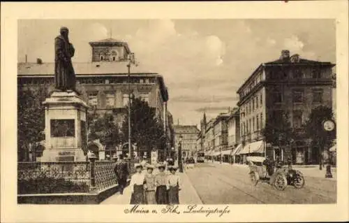 Ak Mainz in Rheinland Pfalz, Ludwigstraße, Denkmal, Passanten, Auto, Läden