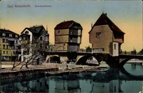 Ak Bad Kreuznach an der Nahe, Brückenhäuser, Brücke, Ruderboot