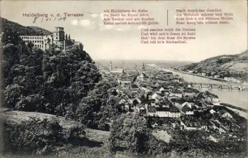 Ak Heidelberg am Neckar, Blick von der Terrasse, Schloss, Gedicht