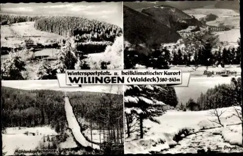 Ak Willingen im Upland Waldeck Hessen, Blick von Trais, Mählenkopfschanze, Stryck, Winter