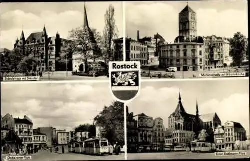 Ak Hansestadt Rostock, Wappen, Ständehaus, Steintor, Mühlenstraße, Nikolaikirche, Straßenbahnen