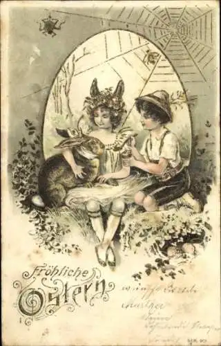 Litho Glückwunsch Ostern, Kinder, Osterei, Osterhase, Spinne