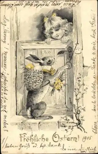 Litho Glückwunsch Ostern, Osterhase an der Tür, Ostereier, Mädchen