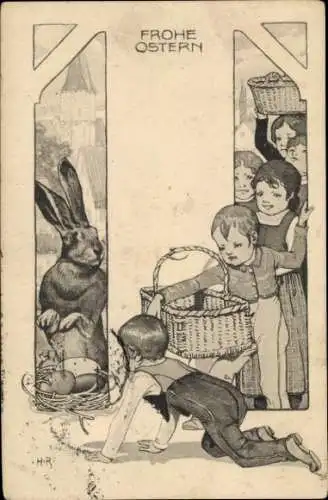 Litho Glückwunsch Ostern, Osterhase, Ostereier, Kinder