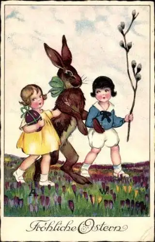 Ak Glückwunsch Ostern, Osterhase, Weidenkätzchen, Kinder