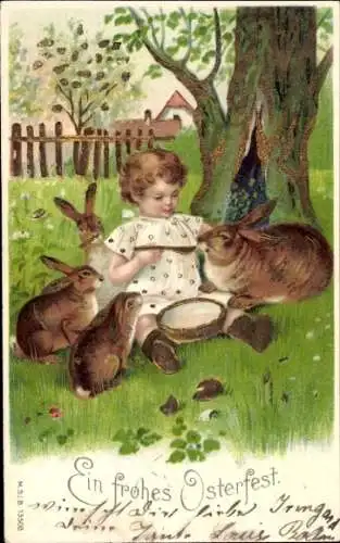 Präge Litho Glückwunsch Ostern, Kind füttert Kaninchen