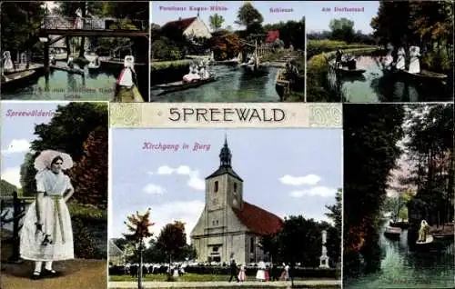 Ak Burg im Spreewald, Kirchgang, Forsthaus Kannomühle, Schleuse, Brücke, Spreewälderin, Flies