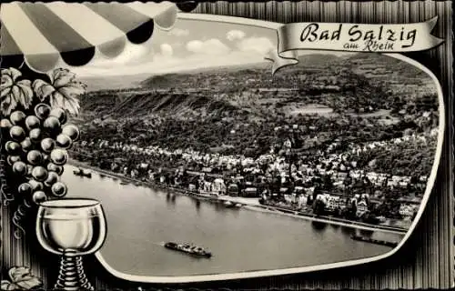 Ak Bad Salzig Boppard am Rhein, Panorama, Weinglas, Trauben