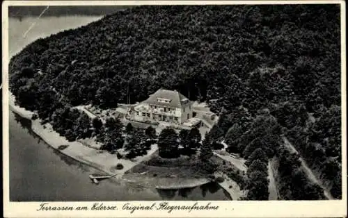 Ak Edersee Hessen, Terrassen am Edersee, Hotel und Cafe, Fliegeraufnahme