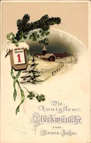 Ak Glückwunsch Neujahr, Winterlandschaft, Kalender, Klee