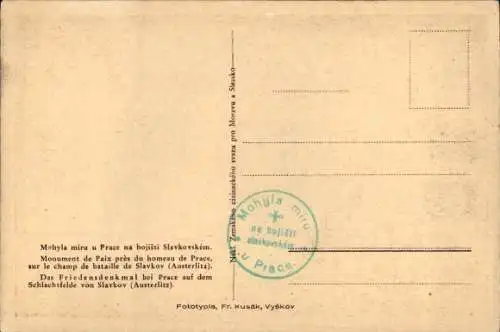 Ak Slavkov u Brna Austerlitz Südmähren, Friedensdenkmal, Prace, Schlachtfeld