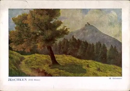 Künstler Ak Zelsman, M., Ještěd Jeschken Region Reichenberg, Gesamtansicht, Bergspitze