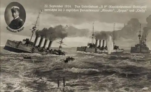 Ak Deutsches U Boot, SM U 9, Weddigen, HMS Aboukir, HMS Hogue, HMS Cressy, 22. September 1914