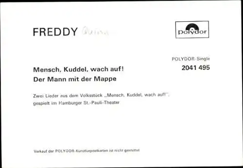 Ak Sänger und Schauspieler Freddy, Freddy Quinn, Portrait, Autogramm