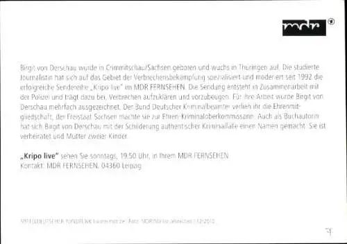 Ak Moderatorin Birgit von Derschau, Portrait, Sendung Kripo Live, Autogramm