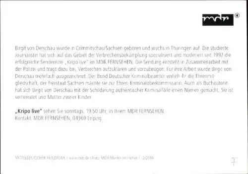 Ak Moderatorin Birgit von Derschau, Portrait, Sendung Kripo Live, Autogramm