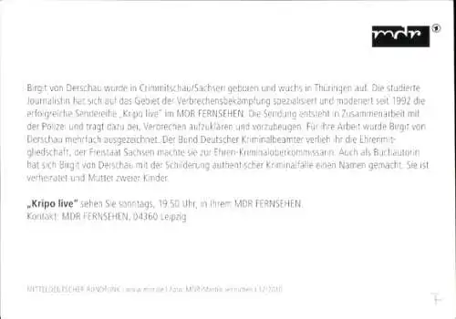 Ak Moderatorin Birgit von Derschau, Portrait, Sendung Kripo Live, Autogramm