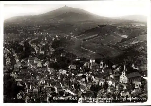 Ak Bensheim an der Bergstraße Hessen, Luftaufnahme, Blick auf Auerbach, Schloss, Melibocus