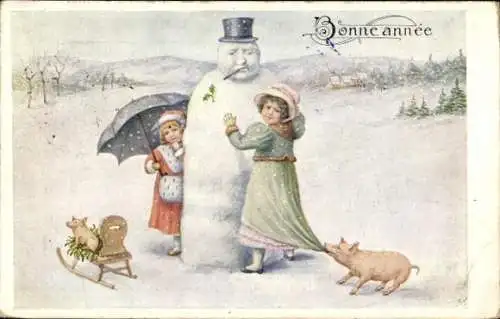 Künstler Ak Glückwunsch Neujahr, Schneemann, Kinder, Schwein