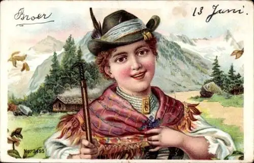 Litho Frau in Tracht, Haus, Berg, Tirol