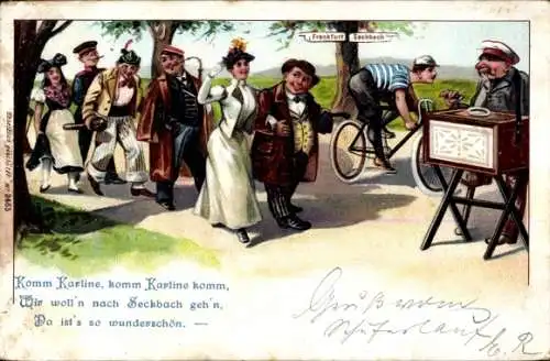 Litho Komm Karline, wir woll'n nach Seckbach gehn, Leierkasten, Drehorgel