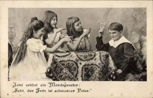 Ak Junge und Mädchen mit Spielkarten, schwarzer Peter