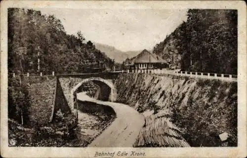 Ak Edle Krone Klingenberg im Erzgebirge, Bahnhof, Gasthaus