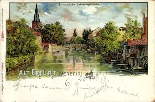 Litho Erfurt in Thüringen, Lehmannsbrücke, Altstadt, Venedig