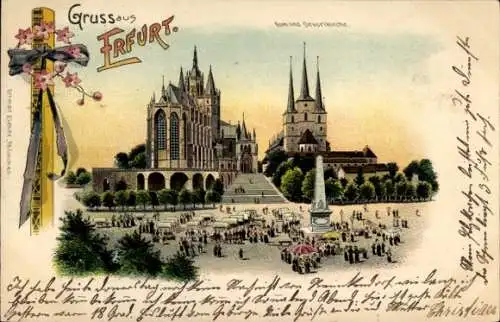 Litho Erfurt in Thüringen, Dom und Severinkirche, Belebter Vorplatz, Denkmal