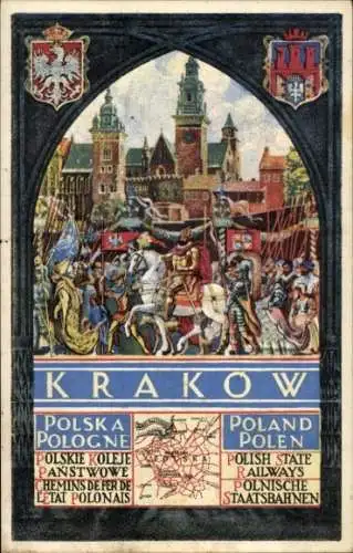 Ak Kraków Krakau Polen, Wappen, Polnische Staatsbahnen, Ritter zu Pferd