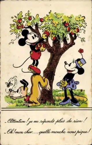 Künstler Ak Walt Disney, Micky Maus, Minnie Maus, Pluto, Apfelbaum