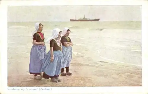 Ak Zeeland, Kinder am Strand, Niederländische Volkstracht