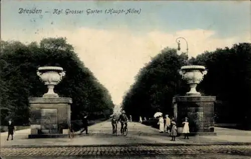 Ak Dresden Altstadt, Großer Garten, Hauptallee, Fahrrad, Personen