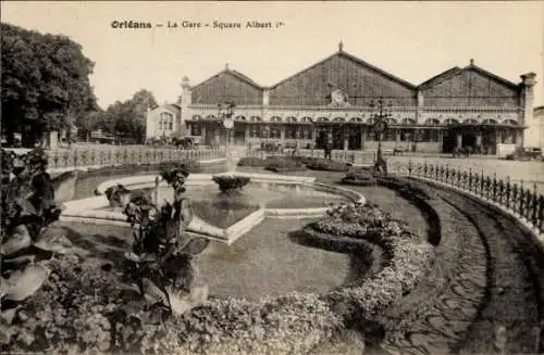 Ak Orléans Loiret, Gare, Square Albert I., Gartenanlage, Springbrunnen