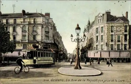 Ak Orléans Loiret, Rue de la Republique, Straßenbahn