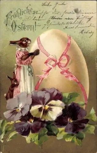 Litho Glückwunsch Ostern, Osterhasen, Osterei, Stiefmütterchen