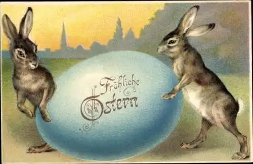 Ak Glückwunsch Ostern, Osterhasen, Blaues Osterei