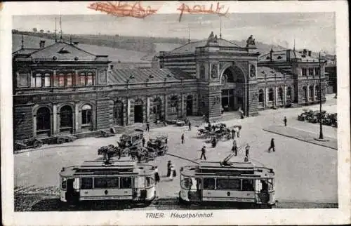 Ak Trier in Rheinland Pfalz, Hauptbahnhof, Straßenbahn, Pferdekutschen