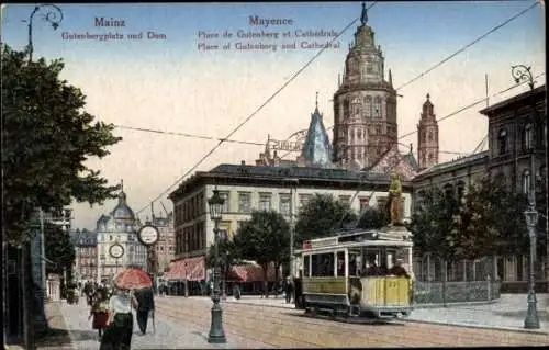 Ak Mainz am Rhein, Gutenbergplatz und Dom, Straßenbahn 38