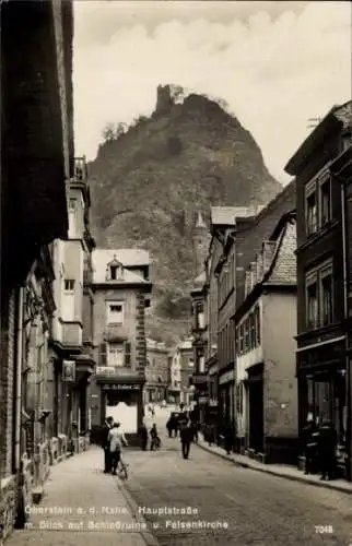 Ak Oberstein an der Nahe, Hauptstraße mit Blick auf Schlossruine und Felsenkirche