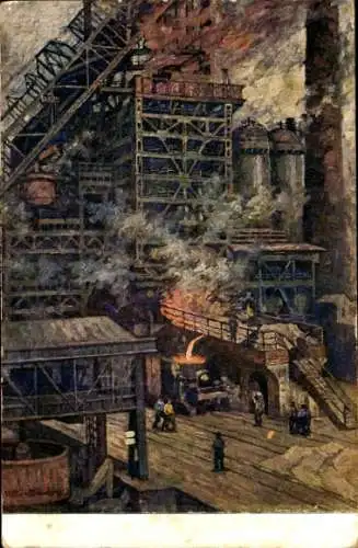 Ak Fabrik, Hochofen, Arbeiter, Feuer, Flammen, Industrie