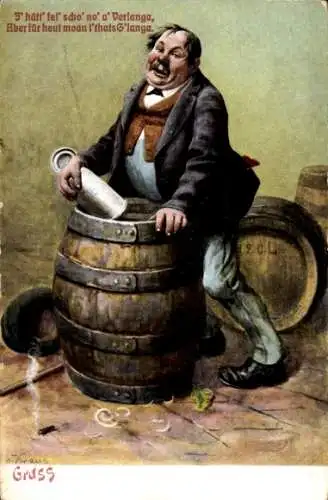 Künstler Ak Kraus, A, Mann trinkt Bier, Bierkrug, Bierfass