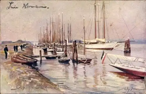 Künstler Ak Stöwer, Willy, Travemünde Lübeck, Die Yachtflotte nach den Rennen