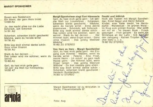 Ak Sängerin Margit Sponheimer, Autogramm