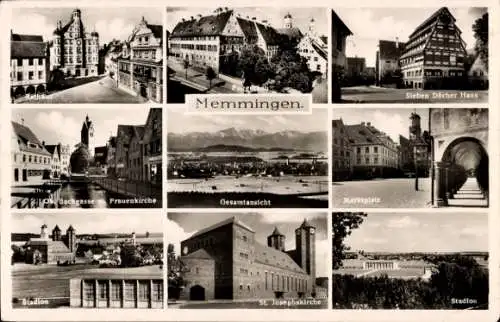 Ak Memmingen an der Iller Schwaben, Marktplatz, Rathaus, Stadion, St. Josephskirche, Frauenkirche