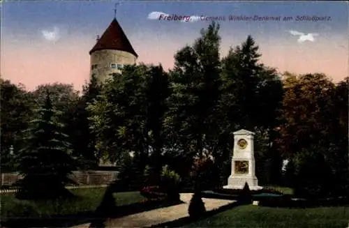 Ak Freiberg in Sachsen, Clemens-Winkler-Denkmal am Schlossplatz