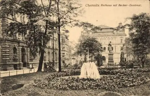 Ak Chemnitz Sachsen, Rathaus, Becker Denkmal