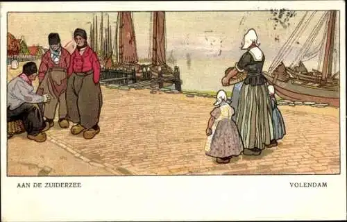 Künstler Litho Cassiers, Volendam Nordholland Niederlande, Aan de Zuiderzee, Hafenpartie, Trachten