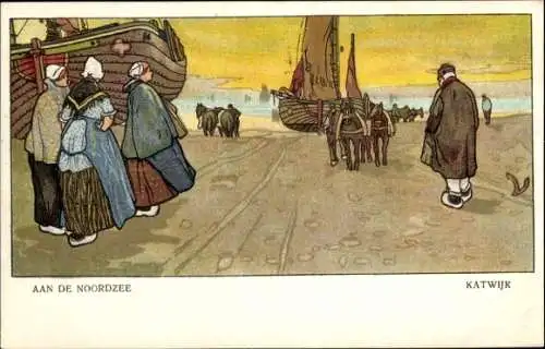 Künstler Litho Cassiers, H., Katwijk aan Zee Südholland Niederlande, Aan de Noordzee, Trachtenq