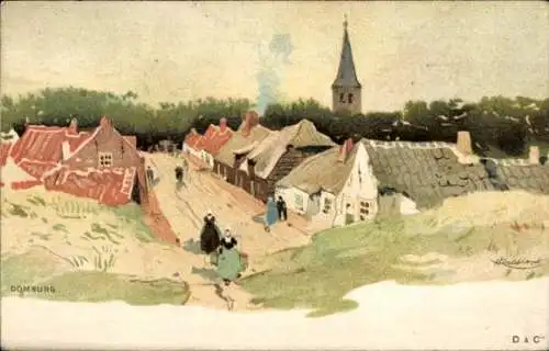 Künstler Litho Cassiers, Domburg Veere Zeeland Niederlande, Blick auf den Ort, Häuser, Kirchturm